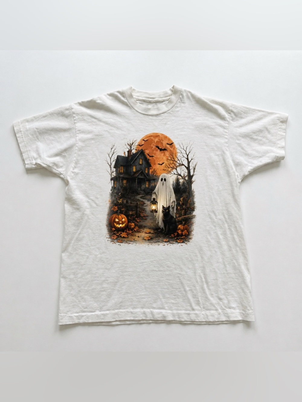 White Halloween Ghost & Black Cat Graphic Tee